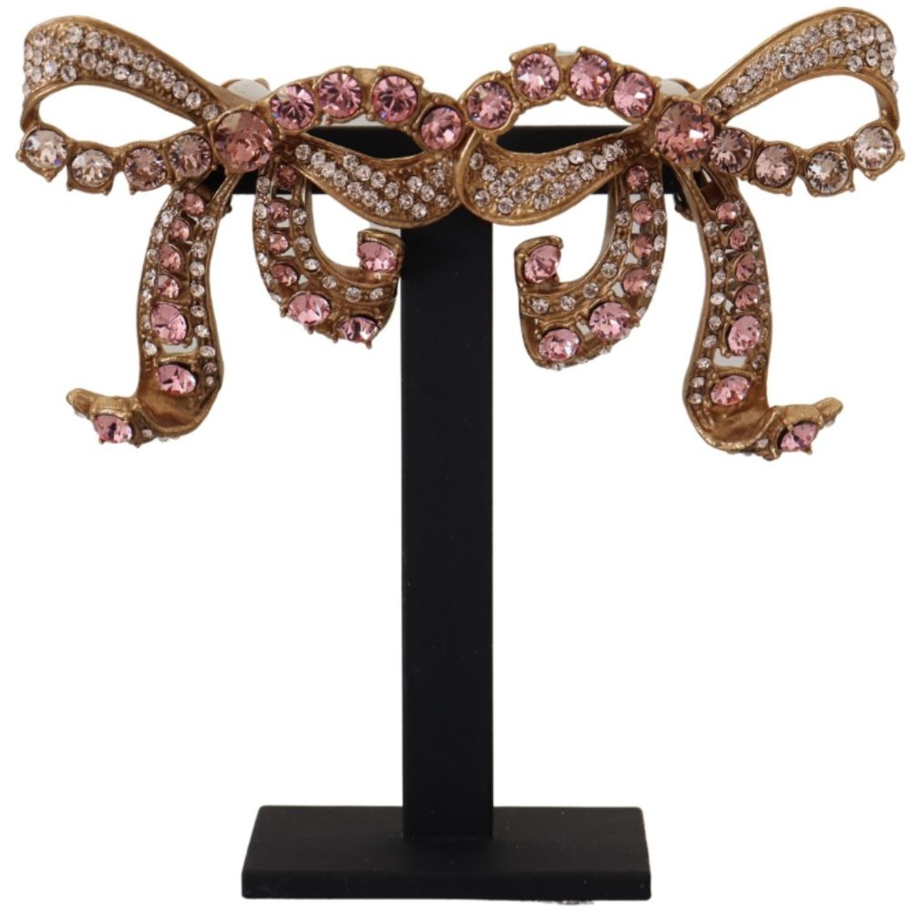 DOLCE & GABBANA Gold Plated Brass Pink Clear Crystal Bow Earrings